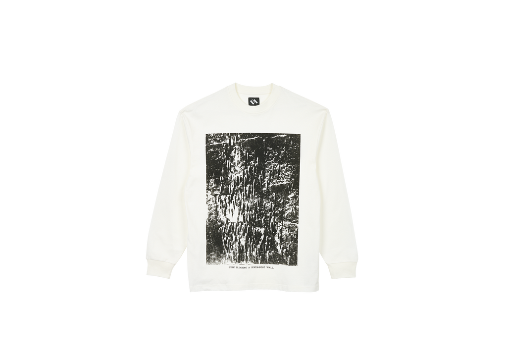 FISH CLIMBING UP A 7 FOOT WALL LONGSLEEVE  WHITE