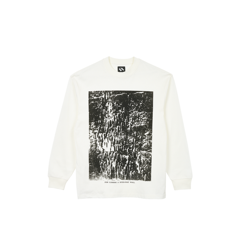 FISH CLIMBING UP A 7 FOOT WALL LONGSLEEVE  WHITE